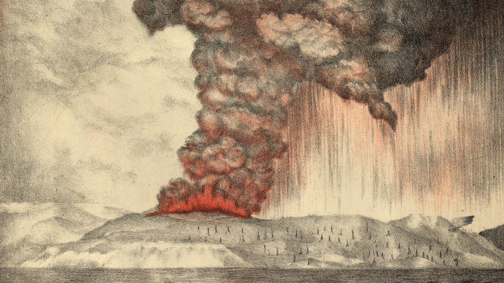 Recreación de la erupción del Krakatoa realizada  a partir de una foto de 1888 para la Royal Society.