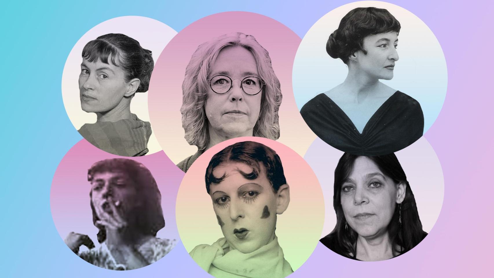 De izquierda a derecha y de arriba abajo: Unica Zürn, Aase Berg, Joyce Mansour, Laurence Iche, Claude Cahun y Silvia Guiard. Diseño: Rubén Vique