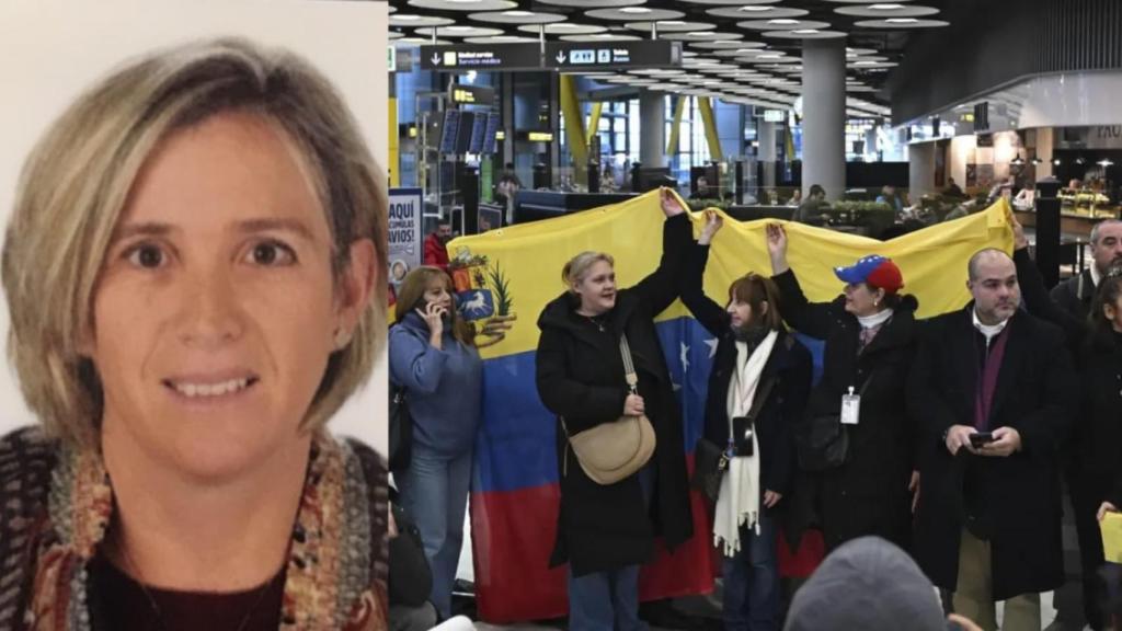 A la izquierda, una foto de Sofía Sahagún, liberada este lunes. A la derecha, familiares de presos venezolanos esperan a sus parientes en el aeropuerto de Barajas de Madrid.