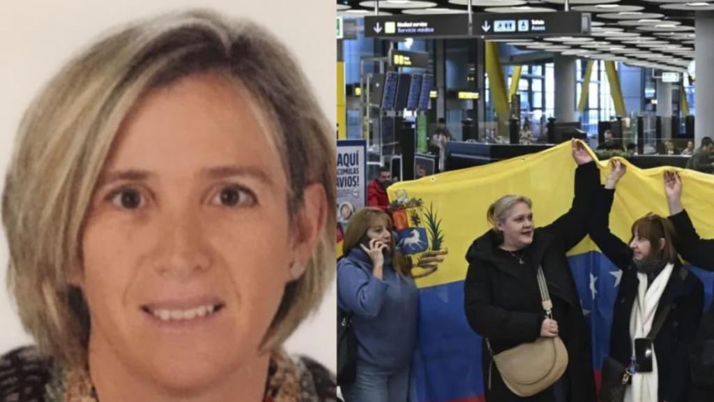 A la izquierda, una foto de Sofía Sahagún, liberada este lunes. A la derecha, familiares de presos venezolanos esperan a sus parientes en el aeropuerto de Barajas de Madrid.