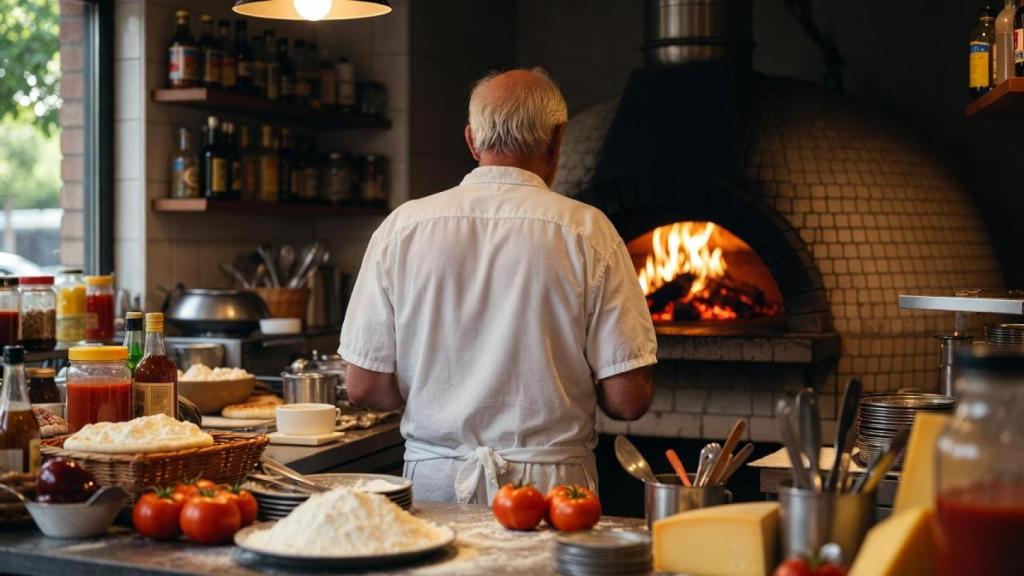 Un pizzero mayor trabajando.