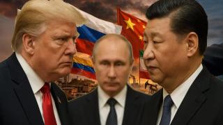 Fotomontaje de Donald Trump, presidente de EEUU, Vladimir Putin, presidente de Rusia, y Xi Jinping, presidente de China, con el fondo de banderas de EEUU, Rusia, China, Venezuela e Irán.