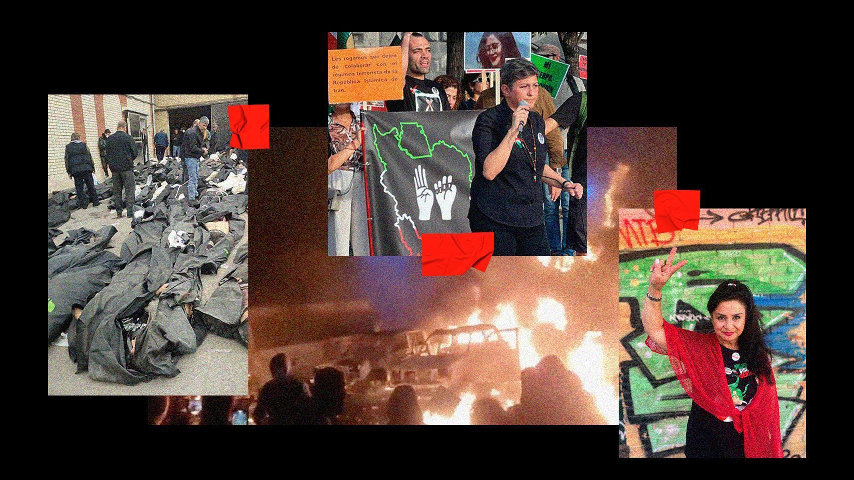Arezoo Mojaverian (c) y Nilufar Saberi (d) durante las protestas contra el régimen iraní en España; en las otras imágenes, vista de varios cuerpos acumulados en una morgue y coches en llamas durante los altercados con la Guardia Revolucionaria de los ayatolás.