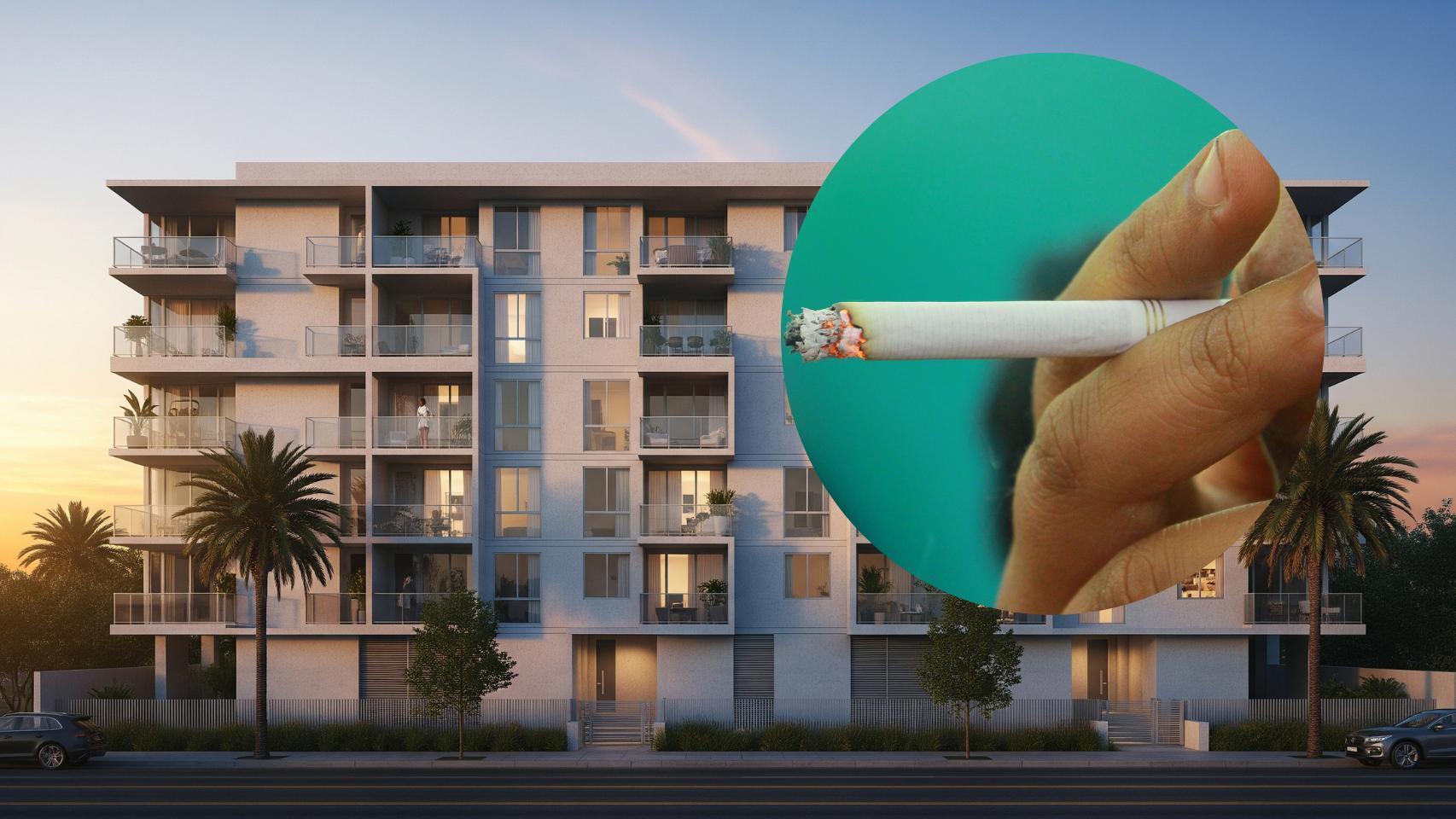 Montaje de una comunidad de vecinos con una persona fumando.