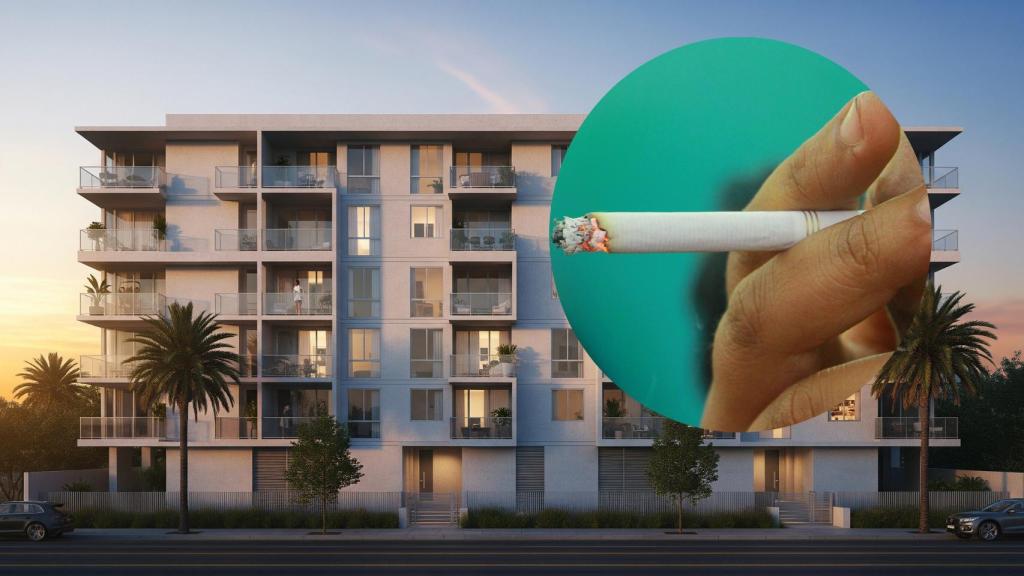 Montaje de una comunidad de vecinos con una persona fumando.