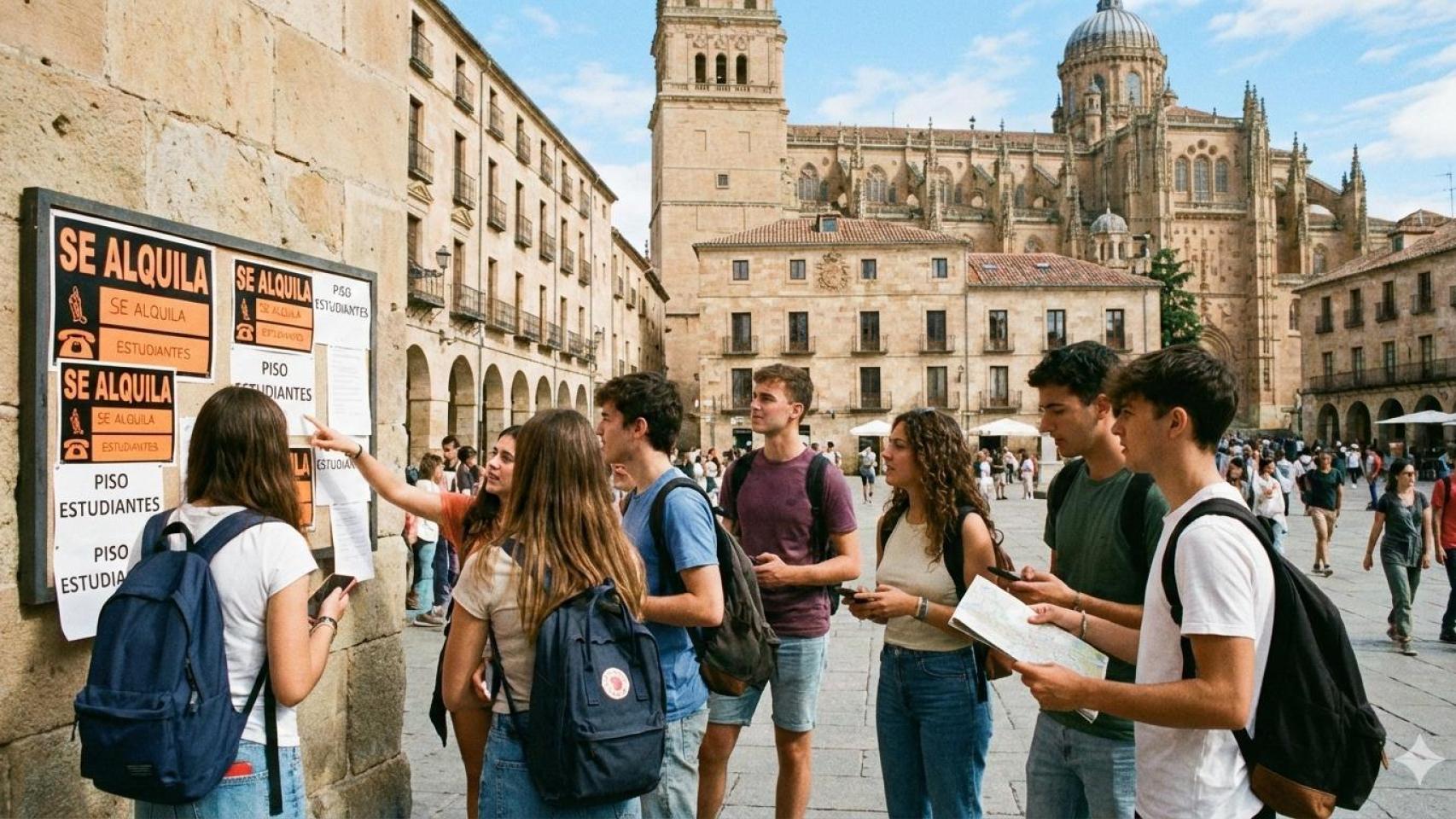 Estudiantes universitarios buscando piso para alquilar en Salamanca generada por IA