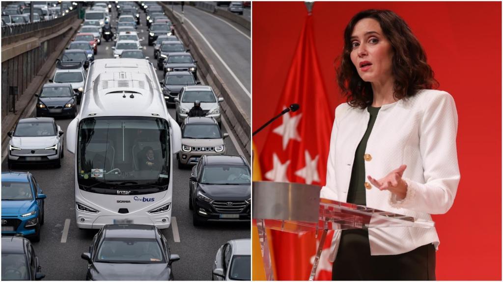 Vehículos circulando por Madrid e Isabel Díaz Ayuso.