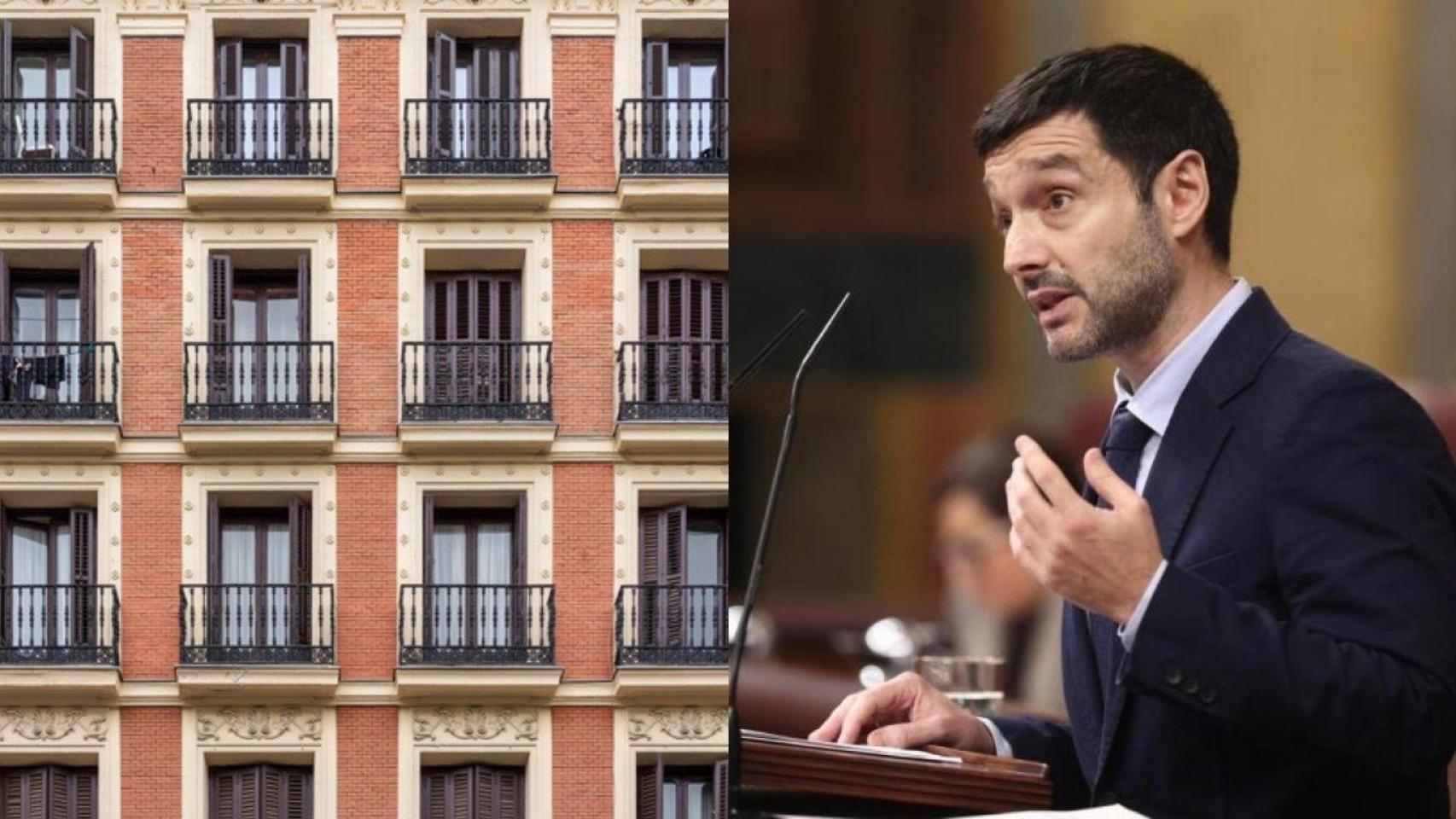 Montaje con una vivienda (Imagen de Archivo) y Pablo Bustinduy, ministro de Consumo.