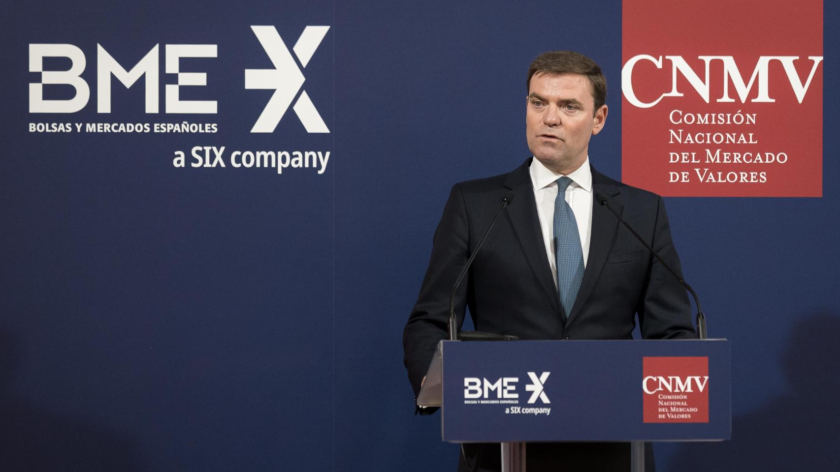 El CEO de BME, Juan Flames, durante la presentación de la nueva modalidad de salidas a Bolsa.