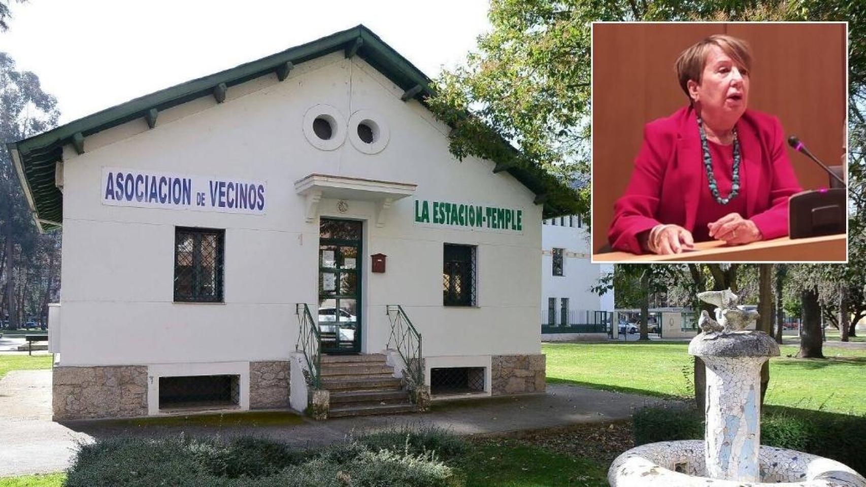 Sede de la Asociación de Vecinos Estación Temple e imagen de la presidenta de la Federación de Asociaciones Vecinales del Bierzo, Pilar Martín, en un montaje de EL ESPAÑOL