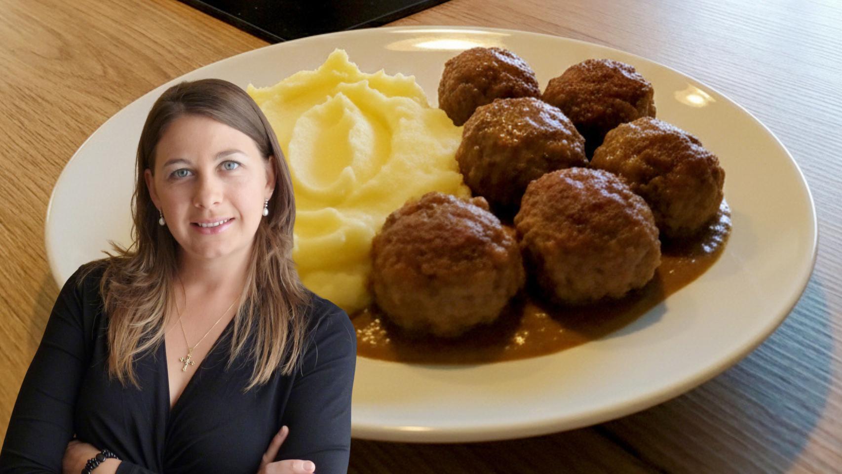Montaje con Espe Saavedra y un plato de albóndigas con puré de patatas
