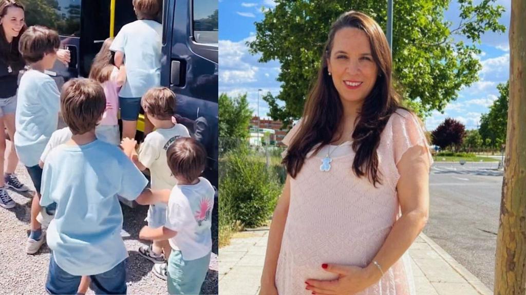 Ana Iglesias y sus hijos subiendo a uno de los minibuses.