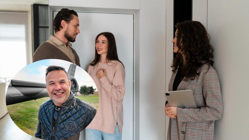 Montaje de José Elías (50) con jóvenes buscando comprar piso.