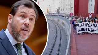 El ministro de Transportes y Movilidad Sostenible, Óscar Puente (Foto: Europa Press), y una manifestación junto a las vías de Feve en León para reclamar su vuelta (Foto: Campillo-Ical)