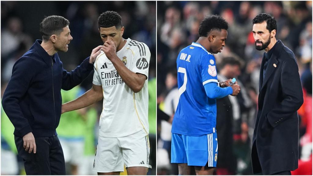 Xabi Alonso y Bellingham, a la izquierda, y Vinicius y Arbeloa, a la derecha