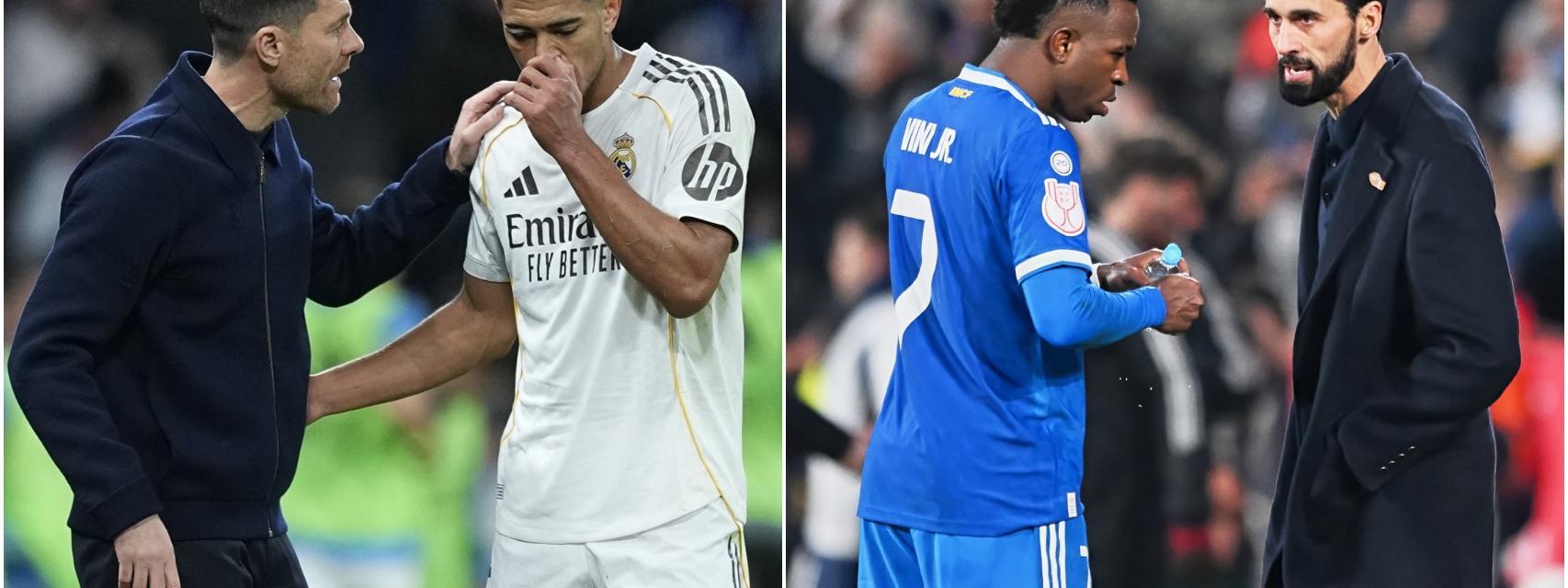 Xabi Alonso y Bellingham, a la izquierda, y Vinicius y Arbeloa, a la derecha