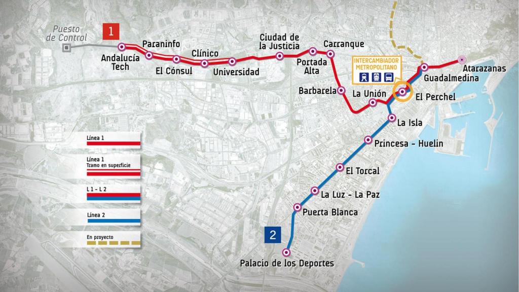 Mapa con el trazado del Metro de Málaga.