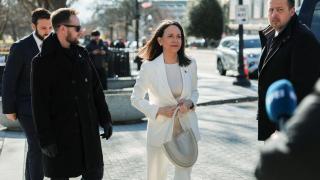 Maria Corina Machado à chegada à Casa Branca esta quinta-feira.