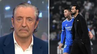 Josep Pedrerol, a la izquierda, y Arbeloa y Mastantuono, a la derecha, en un montaje de BLUPER.