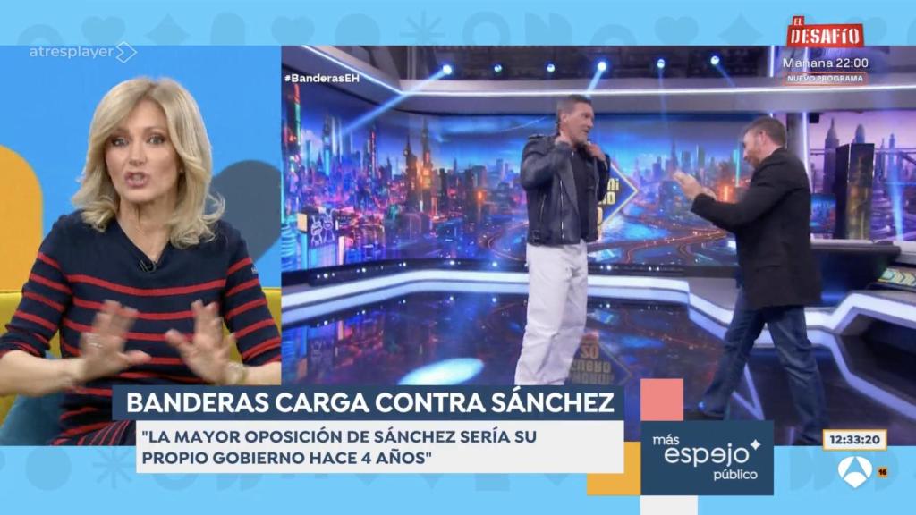 Susanna Griso en 'Espejo Público'. Al lado un fragmento de 'El Hormiguero' en el que aparecen Antonio Banderas y Pablo Motos