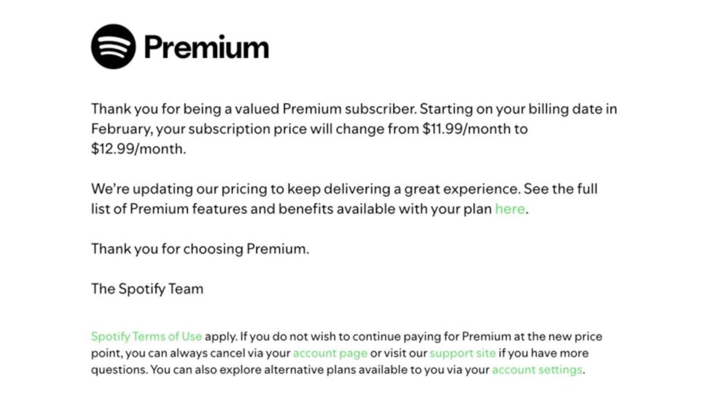 El correo que están recibiendo los usuarios de Spotify con la subida de precios