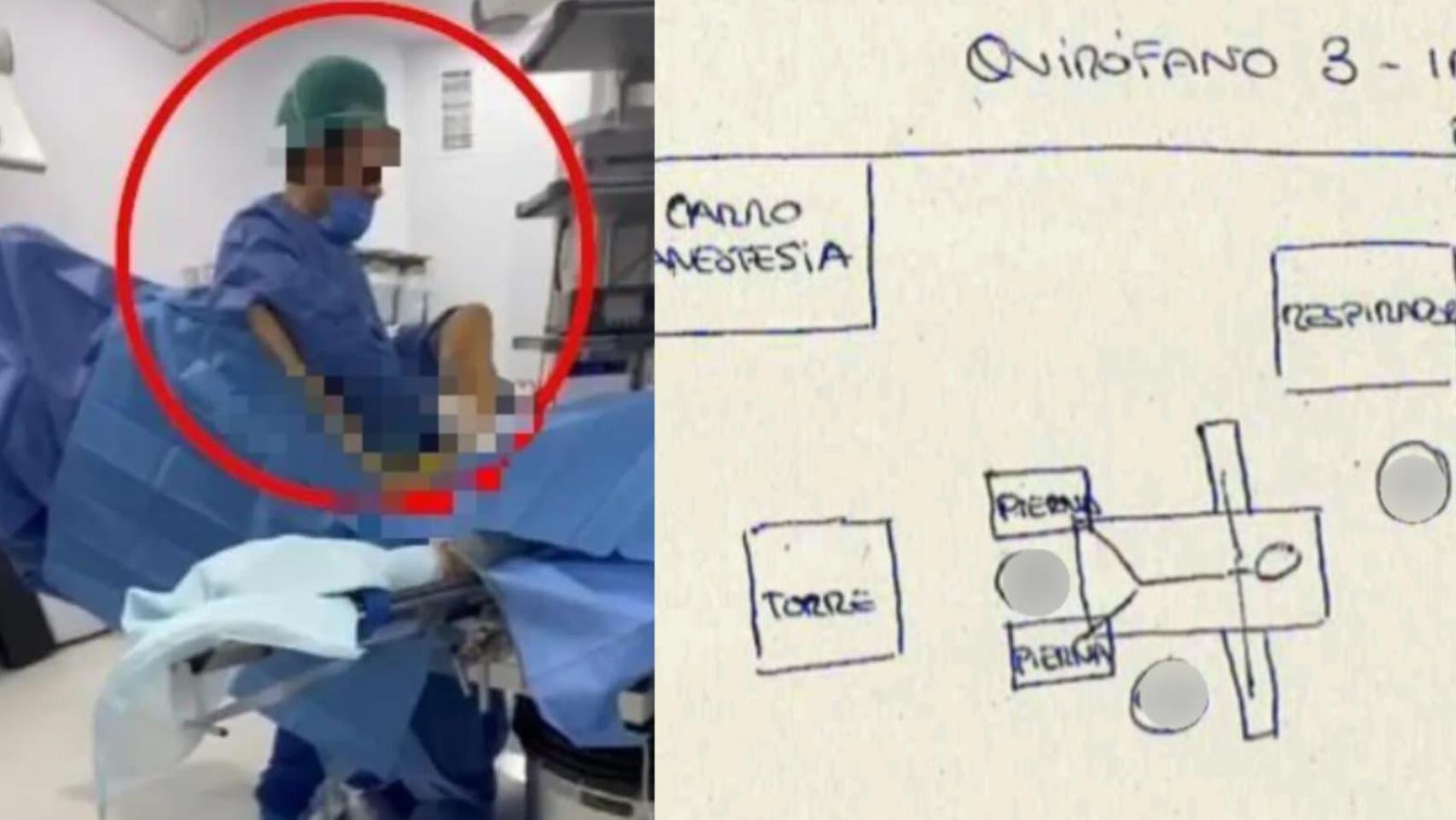 El doctor David, en una imagen del atestado de la Policía Nacional. Al lado, el croquis que hizo la enfermera que denunció la existencia de más víctimas.
