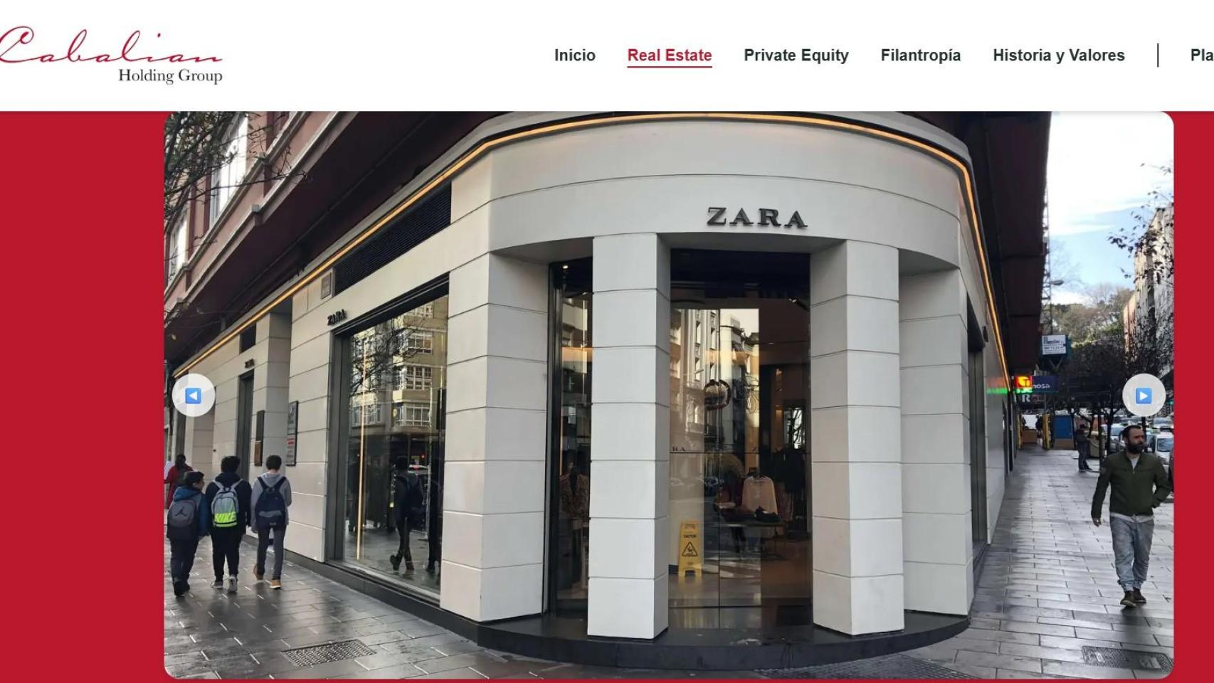 Captura del local de Zara en Juan Flórez en la página web de Cabalian, su holding propietario.