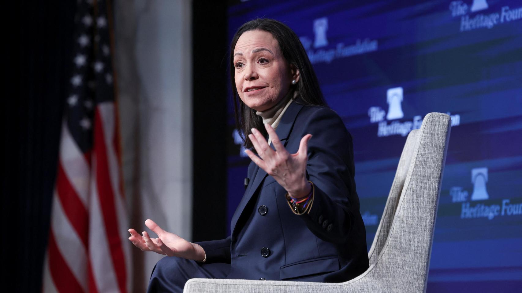 La líder opositora venezolana María Corina Machado durante la rueda de prensa que ha dado este viernes en Washington.
