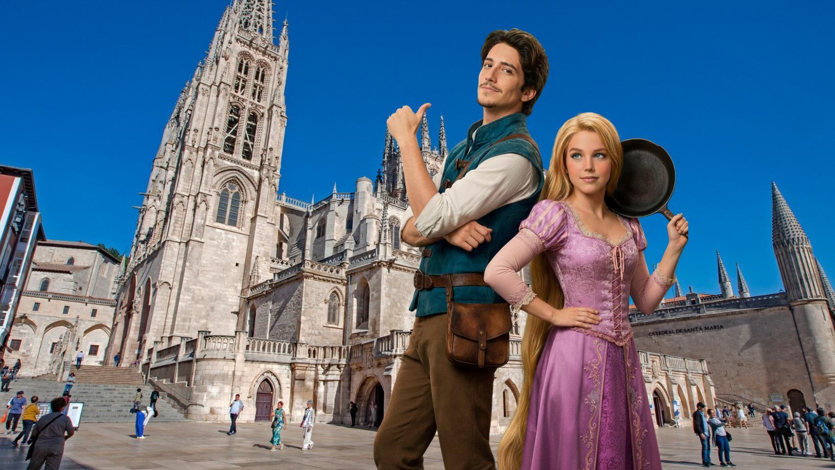 Montaje generado con IA de EL ESPAÑOL con Teagan Croft como Rapunzel y Milo Manheim como Flynn, en los exteriores de la Catedral de Burgos
