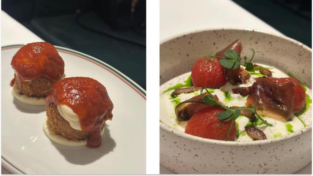 Bomba de la Barceloneta y ajoblanco con tomate confitado y mojama.