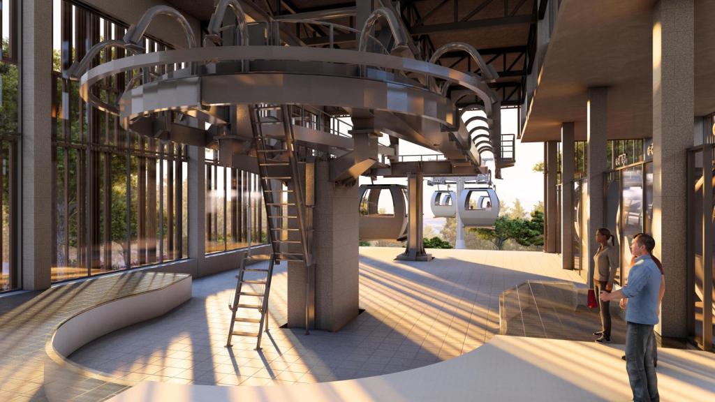 Render del interior de la futura estación de Casa de Campo del Teleférico de Madrid tras su renovación.