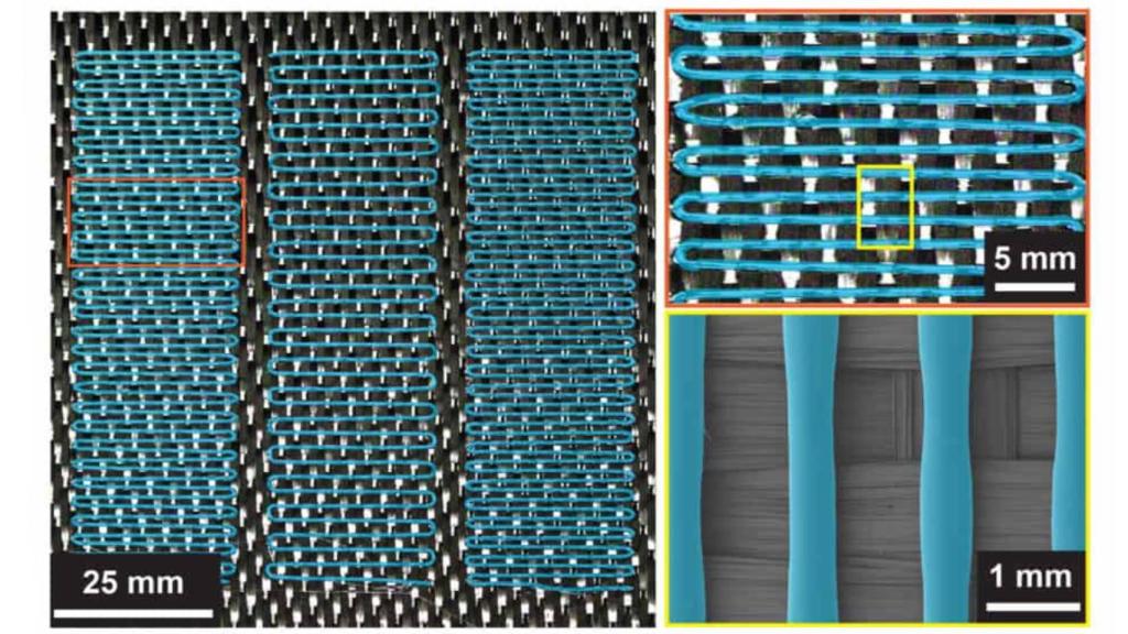 Agente curativo impreso en 3D sobre refuerzo de fibra de carbono.