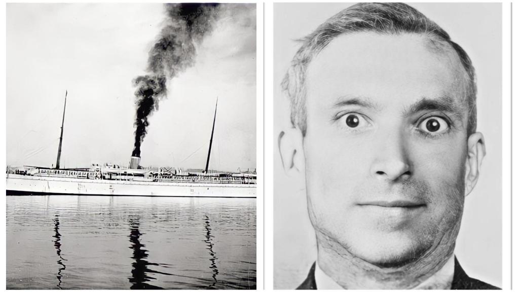 Manuel Píriz a la derecha y a la izquierda el barco Victoria.