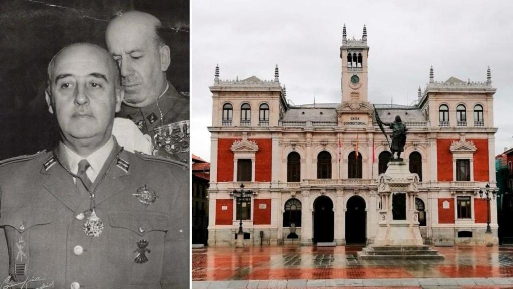 El entonces alcalde de Valladolid, José González Regueral, imponiendo la Medalla de Diamantes de la ciudad al dictador Francisco Franco, el 31 de enero de 1951, y una imagen del Ayuntamiento de Valladolid, en un montaje de EL ESPAÑOL