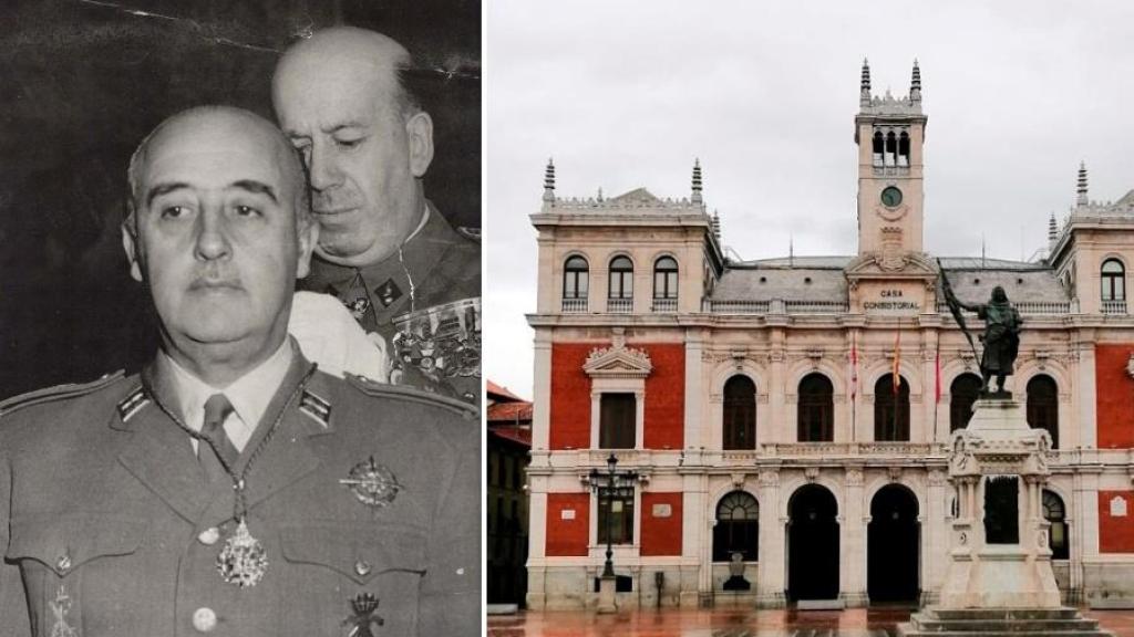 El entonces alcalde de Valladolid, José González Regueral, imponiendo la Medalla de Diamantes de la ciudad al dictador Francisco Franco, el 31 de enero de 1951, y una imagen del Ayuntamiento de Valladolid, en un montaje de EL ESPAÑOL