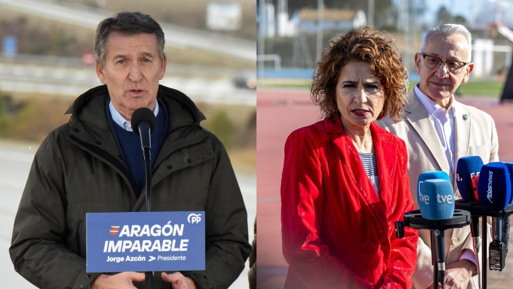 Alberto Núñez Feijóo (hoy en Huesca) y la vicepresidenta María Jesús Montero (durante un acto en Sevilla).