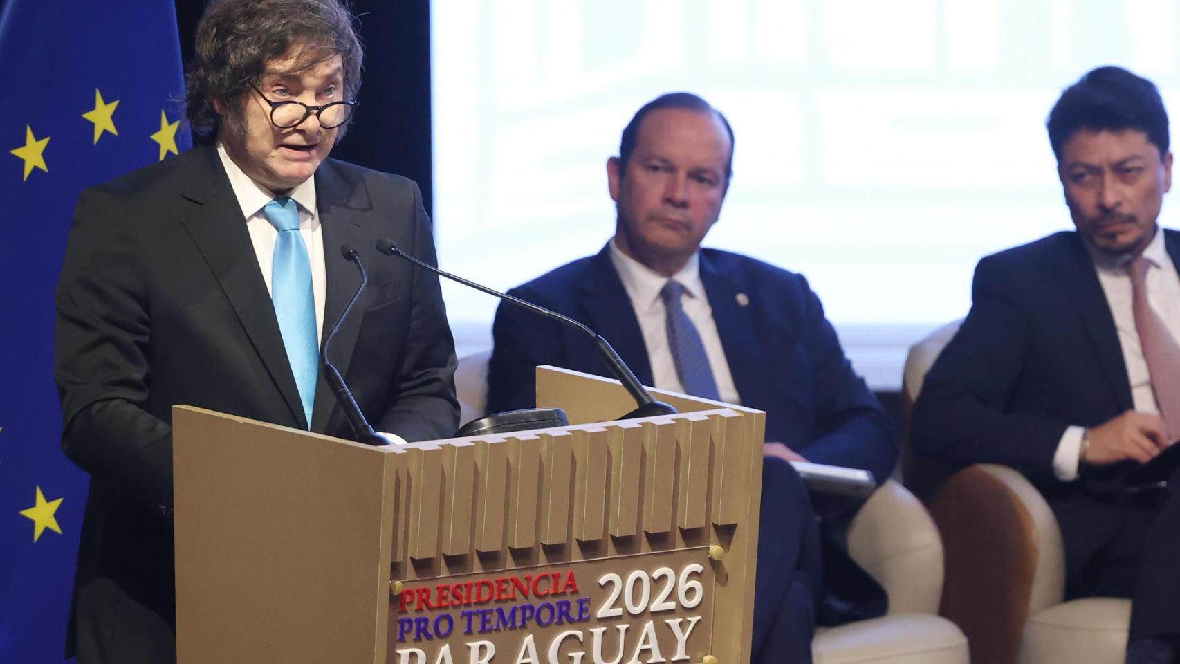 El presidente de Argentina, Javier Milei, durante su intervención en el Banco Central de Panamá.