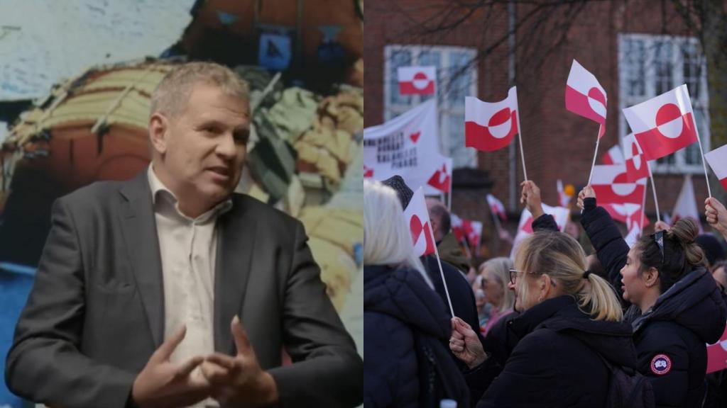 Montaje con una imagen de Ramón Larramendi y de gente protestando con la bandera de Groenlandia.