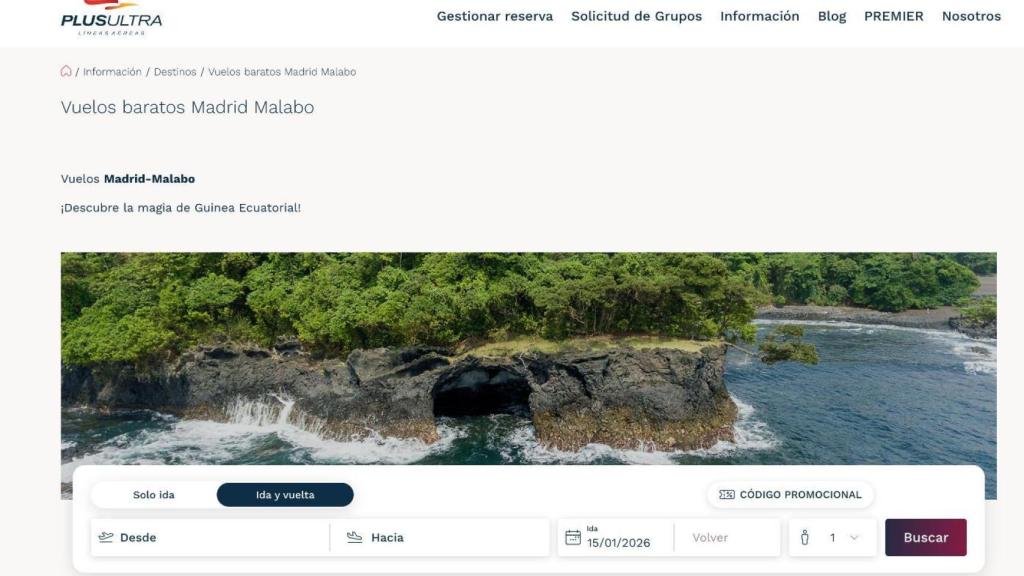 La página web de Plus Ultra anunciando su ruta Madrid - Malabo