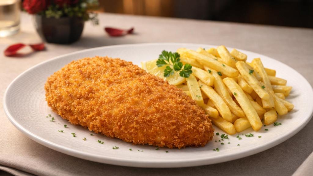 Pechuga de pollo empanada con patatas fritas
