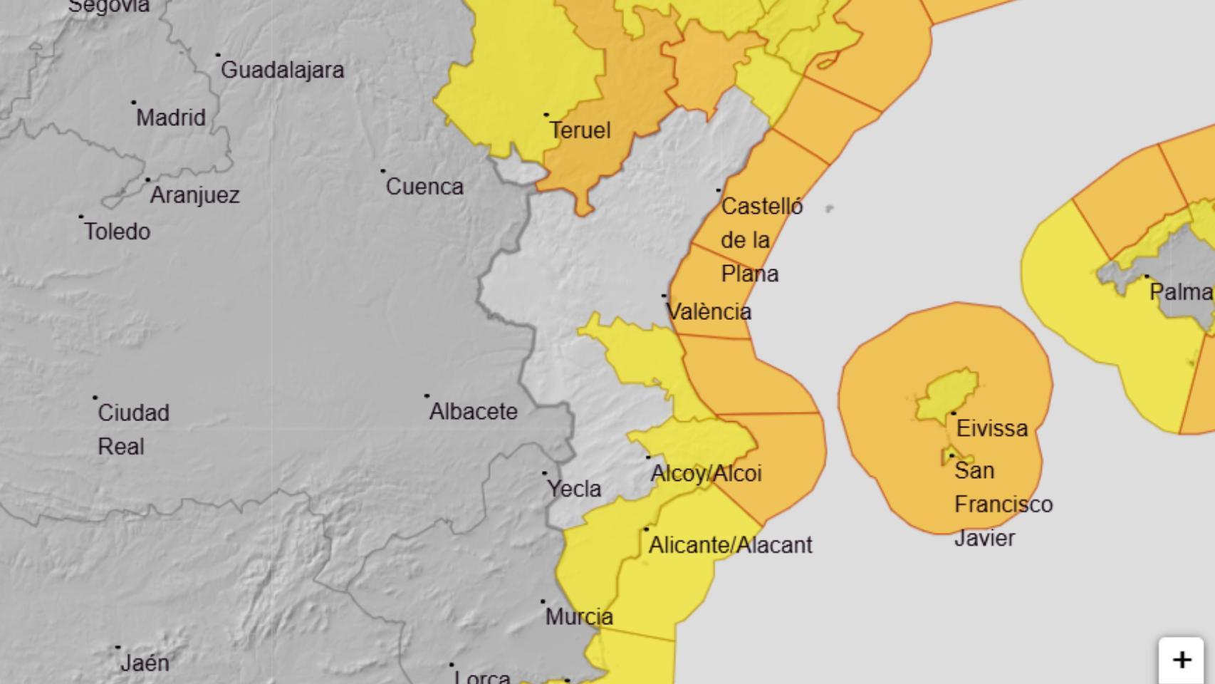 El mapa de avisos de Aemet para este martes en el Mediterráneo.