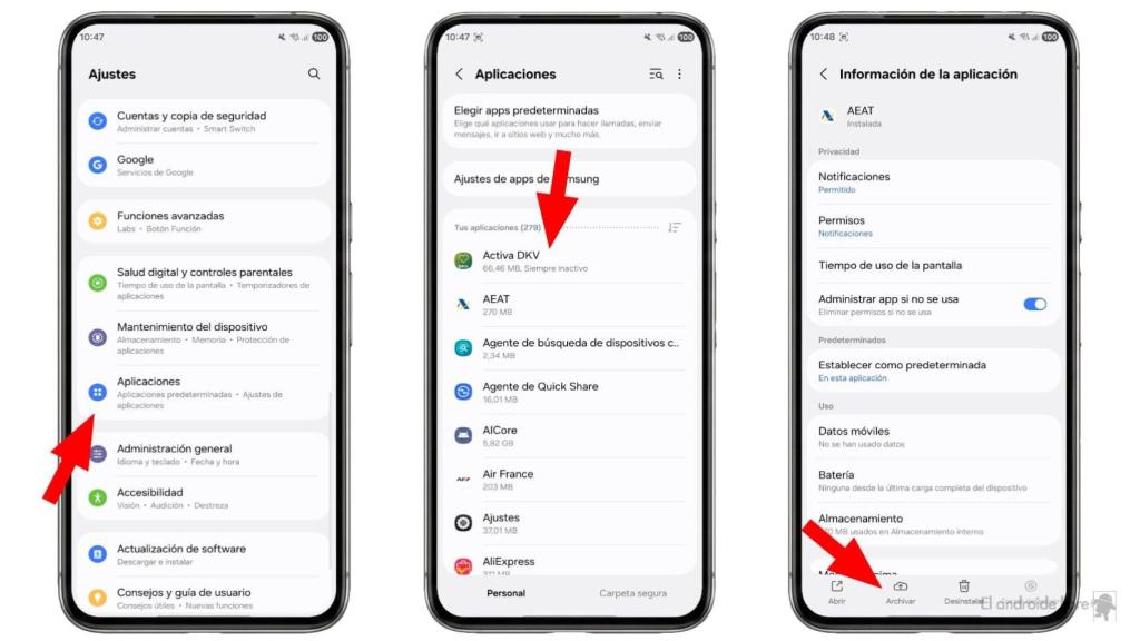 Interfaz de archivado de apps
