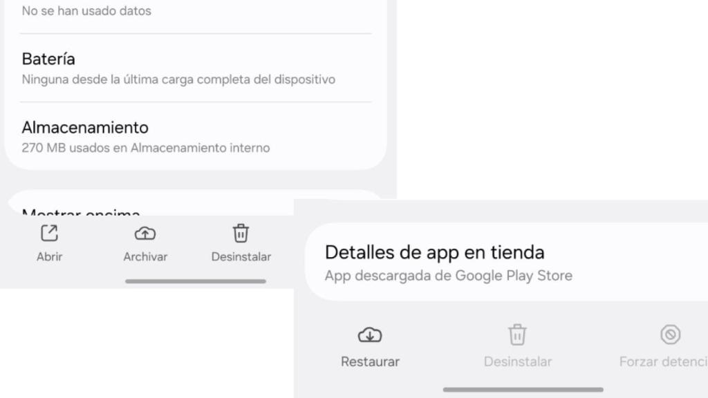 Opciones de Archivado y de Restauración de apps