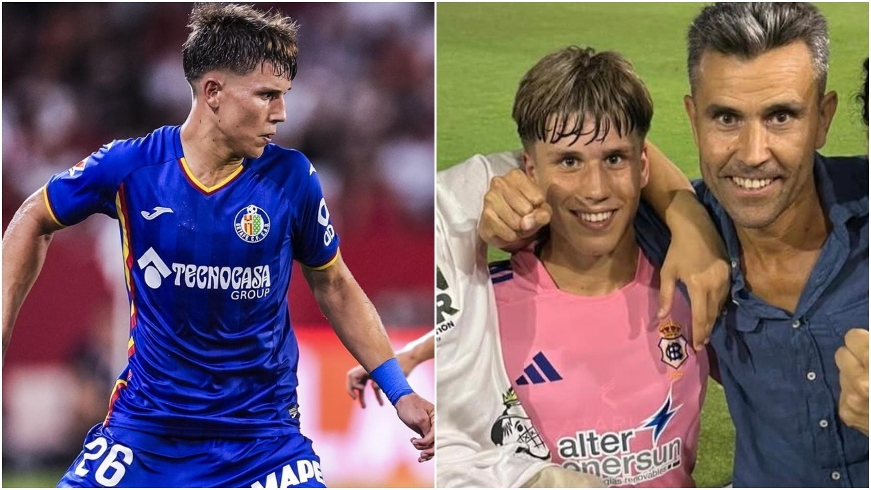 Davinchi, jugador del Getafe, y una foto de pequeño junto a su padre David Cordón.