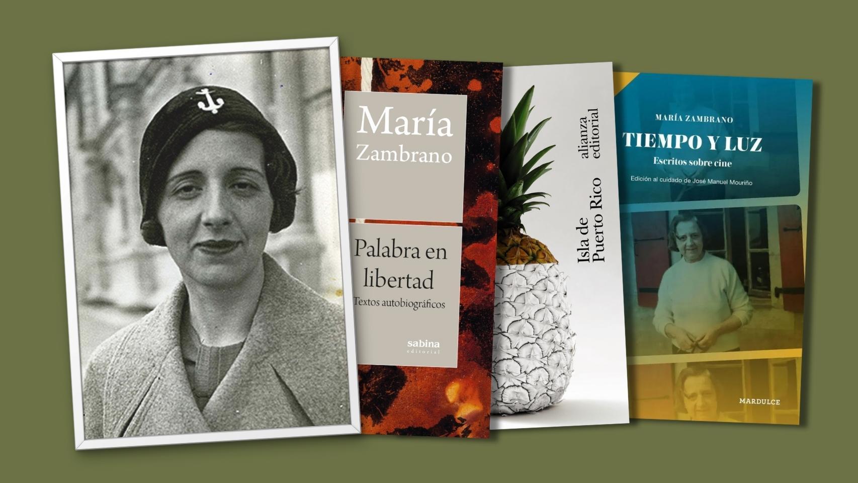 María Zambrano, hacia 1930. Foto: Fundación María Zambrano. A la derecha, portadas de tres libros suyos publicados recientemente.
