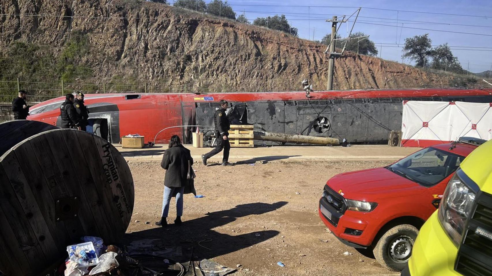 Vista del tren Iryo que descarriló el domingo e impactó contra un Alvia en Adamuz.
