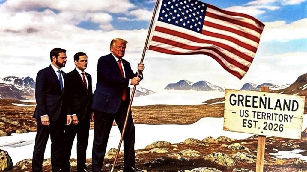 Trump, en una imagen generada por IA, plantando la bandera estadounidense en Groenlandia.