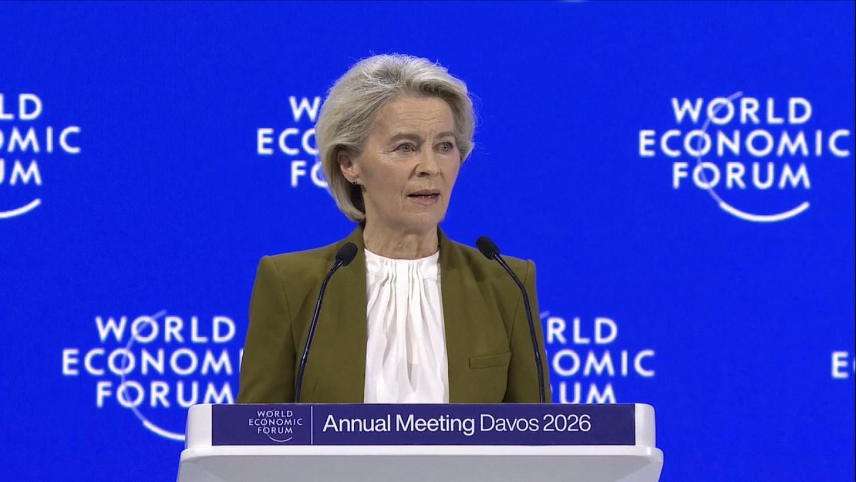 La presidenta de la Comisión, Ursula von der Leyen, durante su discurso de este martes en el foro de Davos