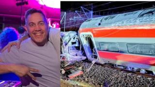 El leonés Julio Rodríguez junto a una imagen del tren accidentado