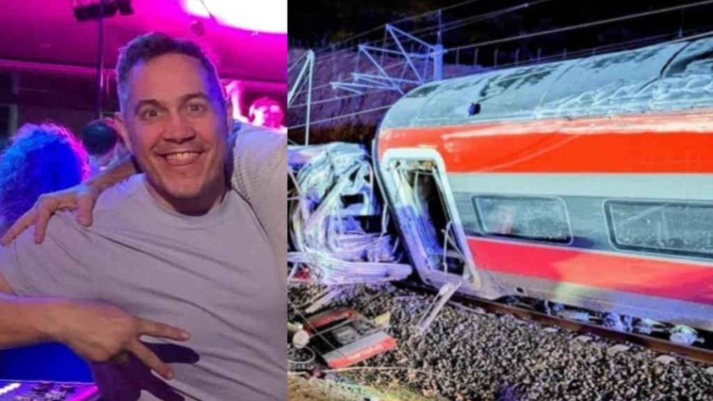 El leonés Julio Rodríguez junto a una imagen del tren accidentado
